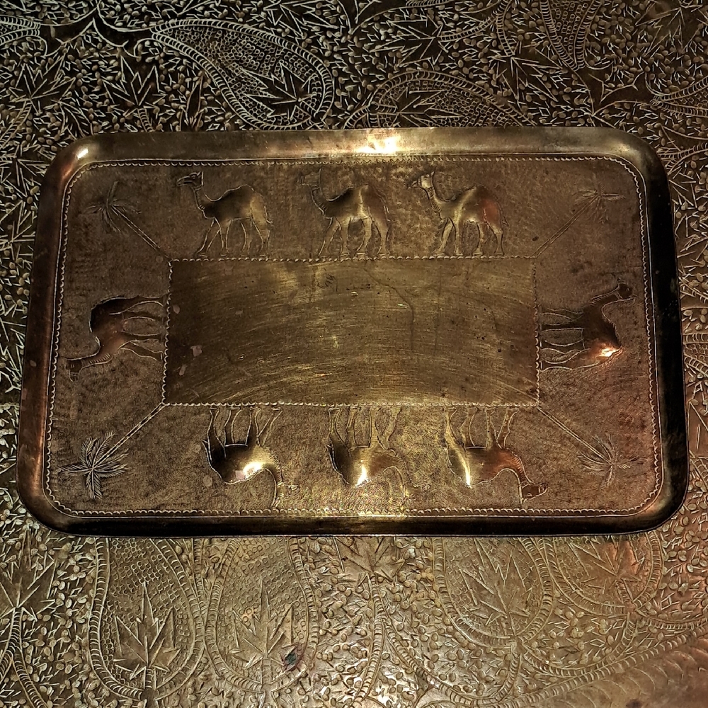 Rare Vintage Brass Camel Engraved Tray From India